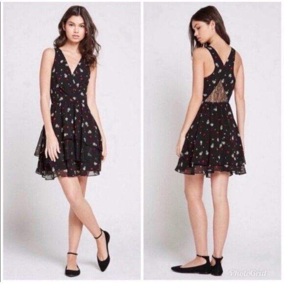 BCBGeneration Women Black Daisy Print Ruffle Layered Mini Halter Dress Size 4 NW - Picture 1 of 12